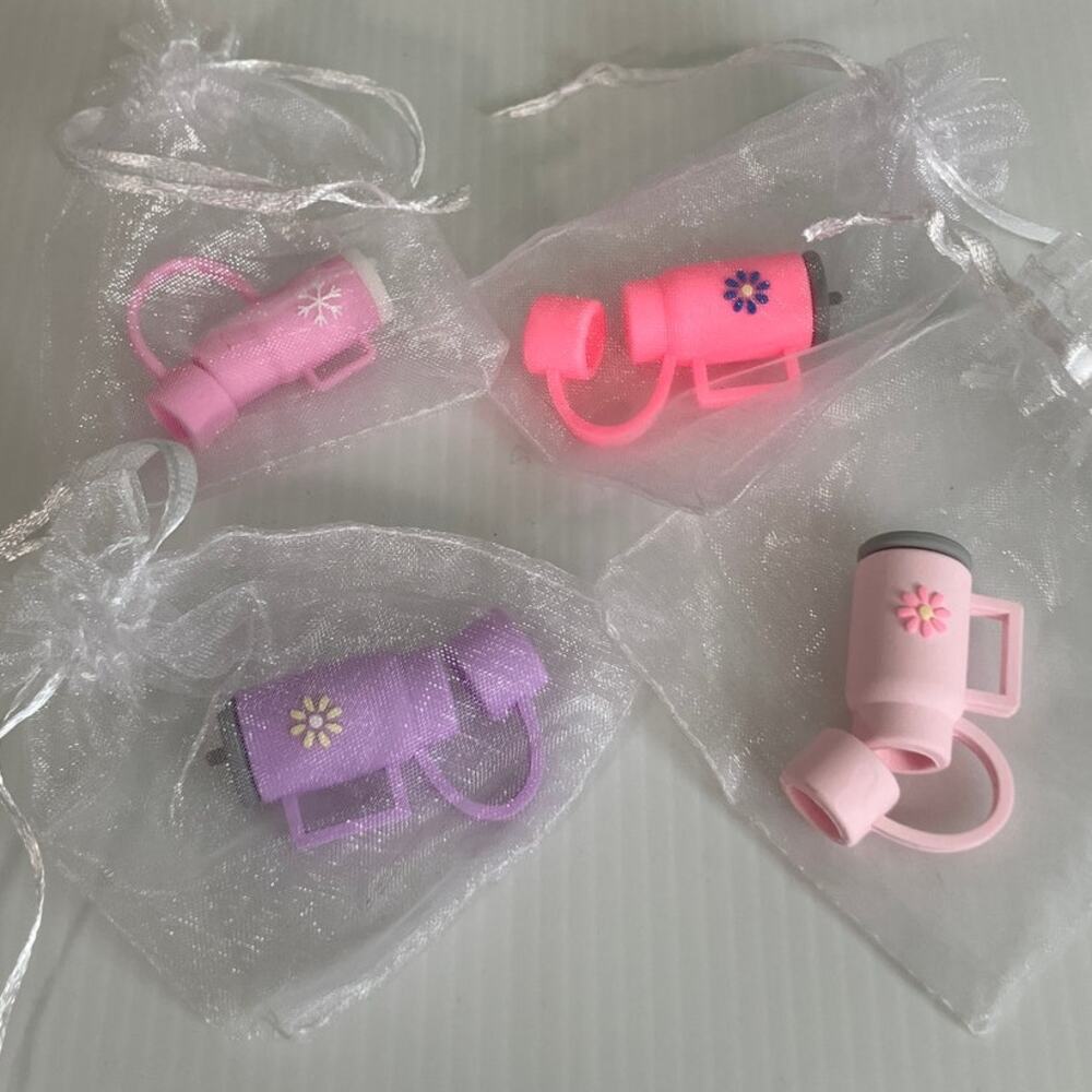 NWOT Decorative Tumbler Shaped Silicone 10MM Straw Covers Toppers Set of 4